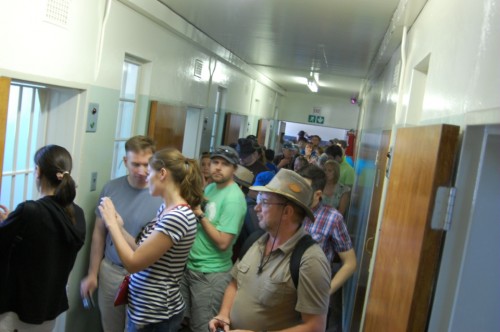 The crowd gathered to see Nelson Mandela's cell